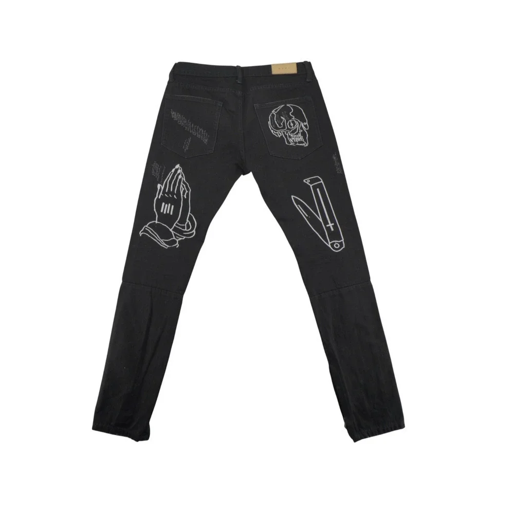 MNML Black Skull Cross Graphic Jeans Men’s 32 — Zip Hem Punk Goth Streetwear